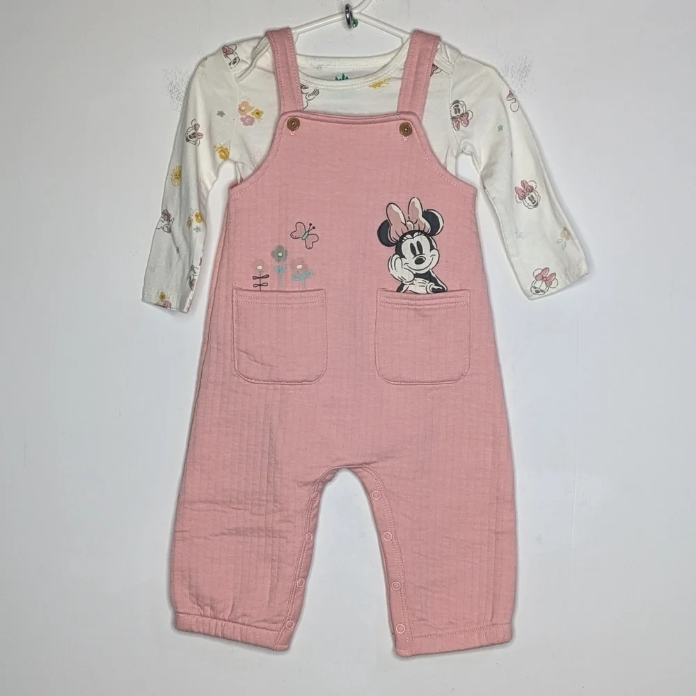 Disney Baby Pink White Minnie Mouse Overall Onesie Set 12Mo